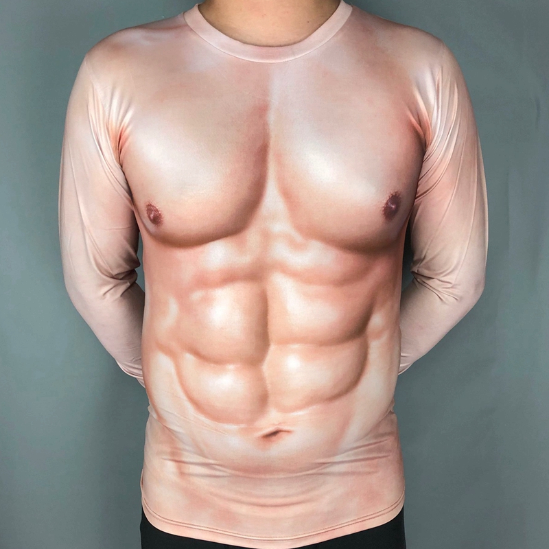 3D肌肉男长袖t恤抖音猩猩创意假胸腹肌立体图案搞笑衣服年会表演