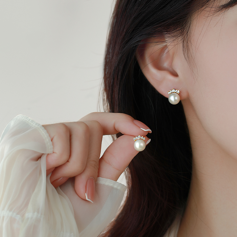 正品天然淡水珍珠耳钉S925纯银耳环轻奢小众设计高级感皇冠耳饰女