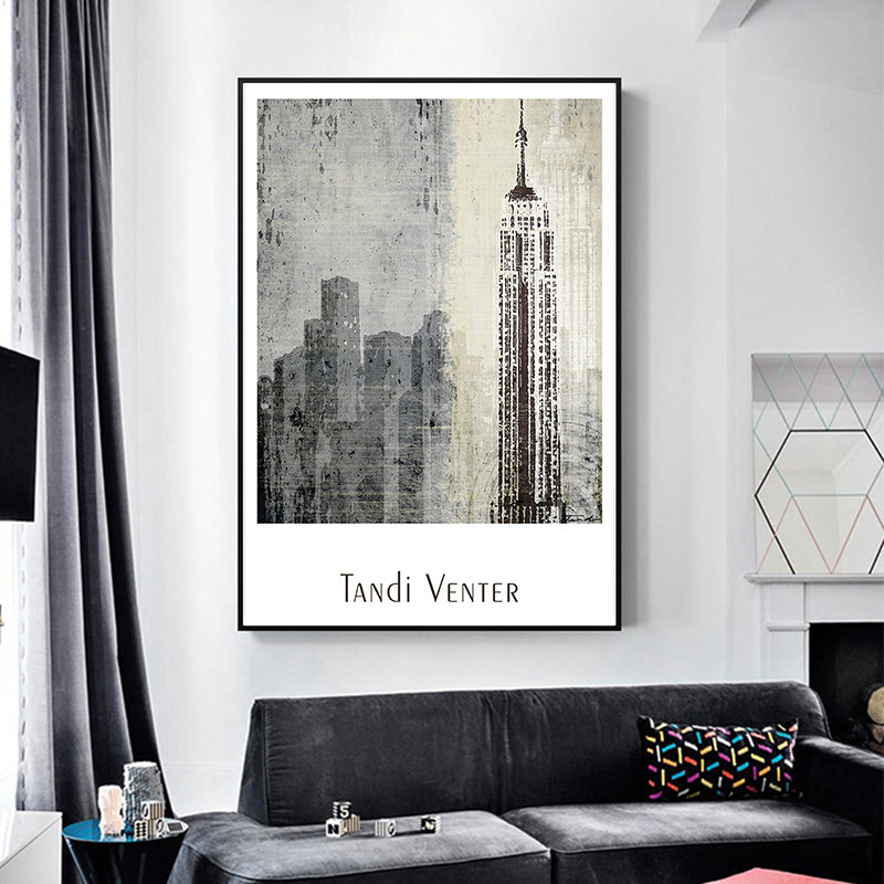 现代抽象建筑装饰画黑白灰客厅沙发背景玄关纽约帝国大厦挂画简约