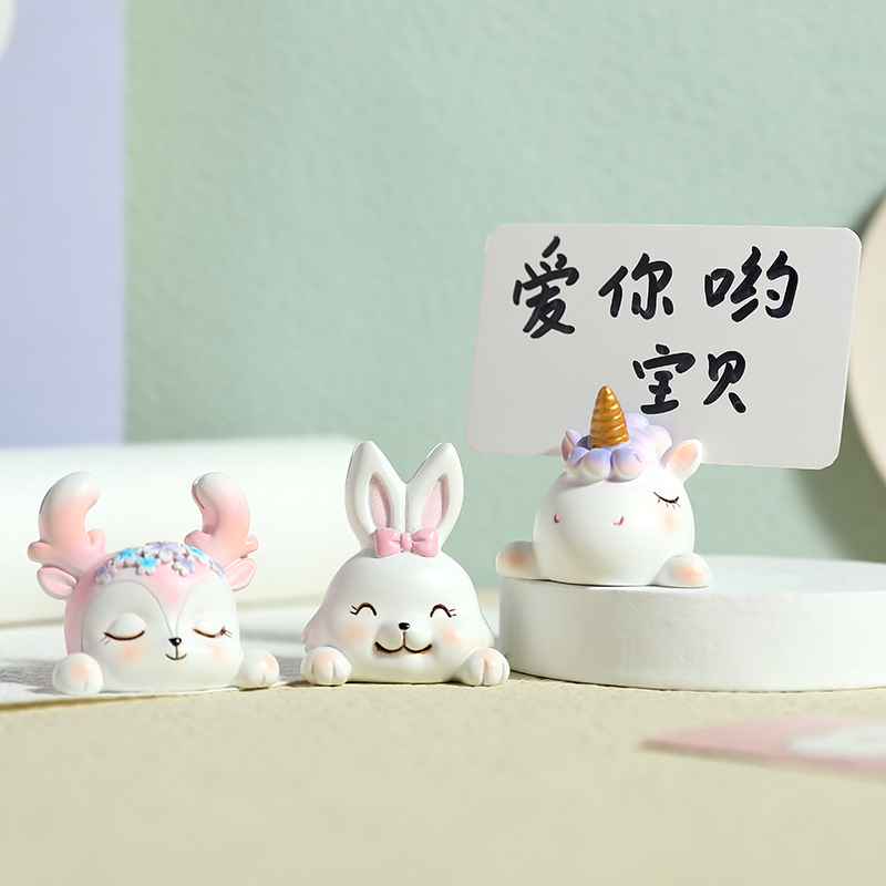 创意可爱卡通动物兔子留言夹独角兽卡片座麋鹿桌面装饰摆件照片夹