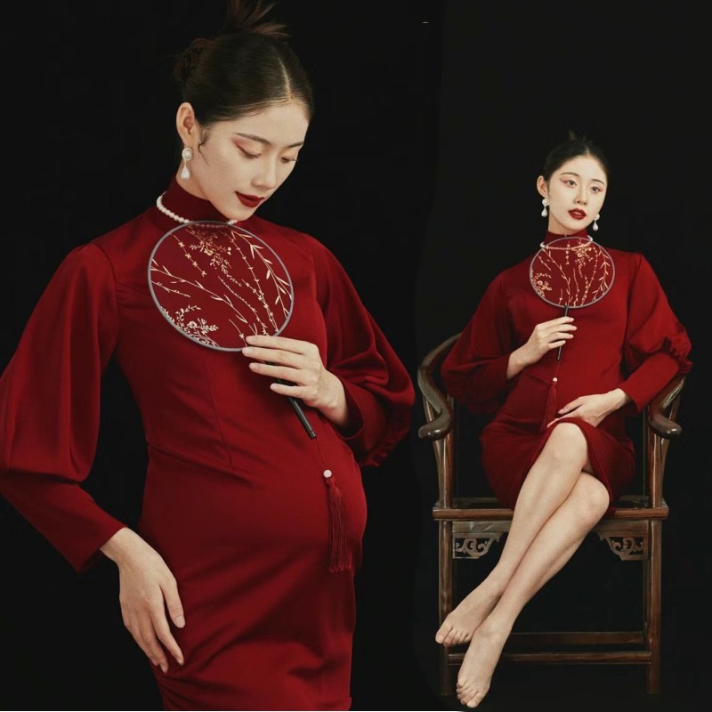 影楼孕妇中国风主题新款复古民国红色中式礼服孕妈咪摄影拍照服装