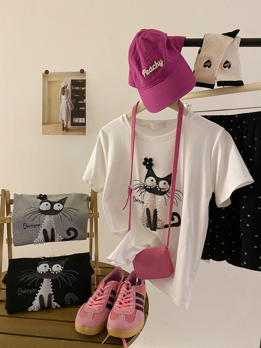 设计感钉珠卡通小猫图案短袖T恤女夏季修身小众体恤减龄洋气上衣