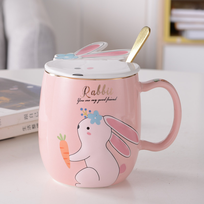 创意个性兔兔盖杯陶瓷马克杯带盖勺网红水杯可爱少女ins萌早餐杯