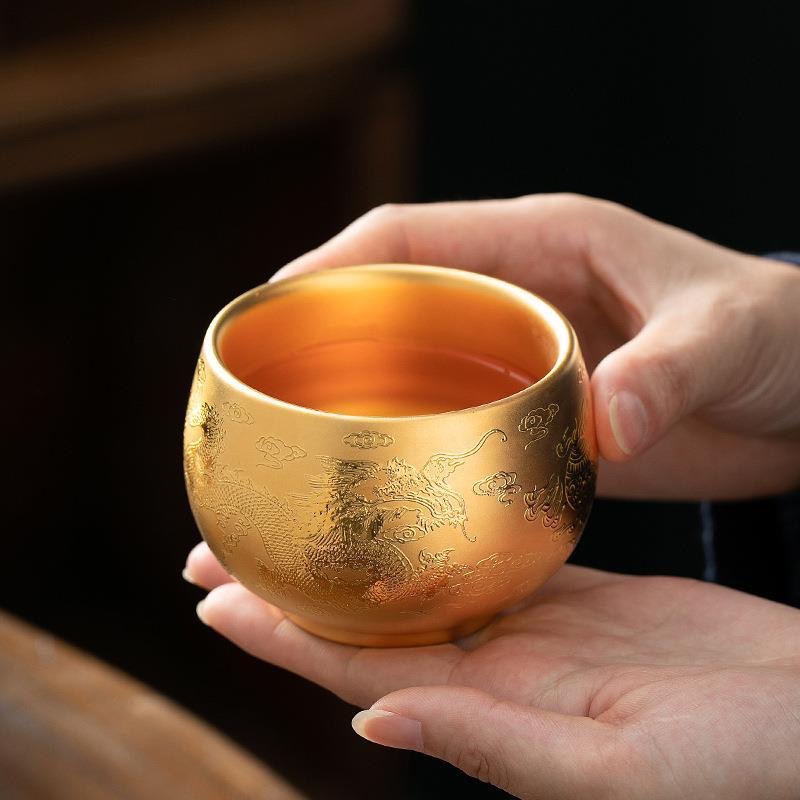 浮雕龙凤茶杯黄金主人杯周鸿杰大师级鎏金建盏龙凤对杯礼品茶具