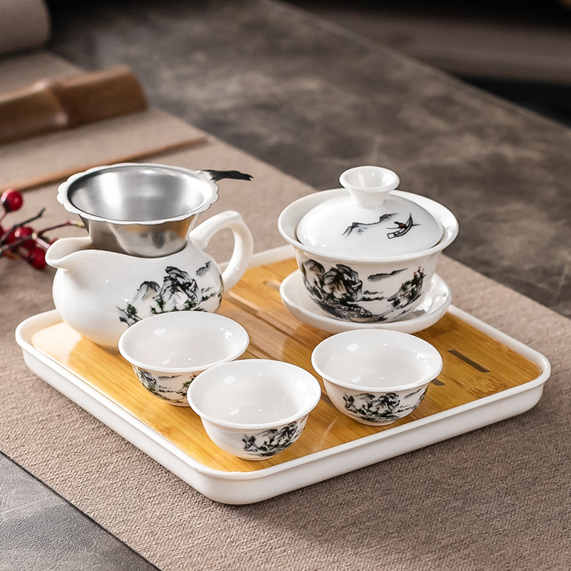 功夫茶具家用盖碗小套装简约会客整套陶瓷茶杯泡茶壶一碗三杯茶盘