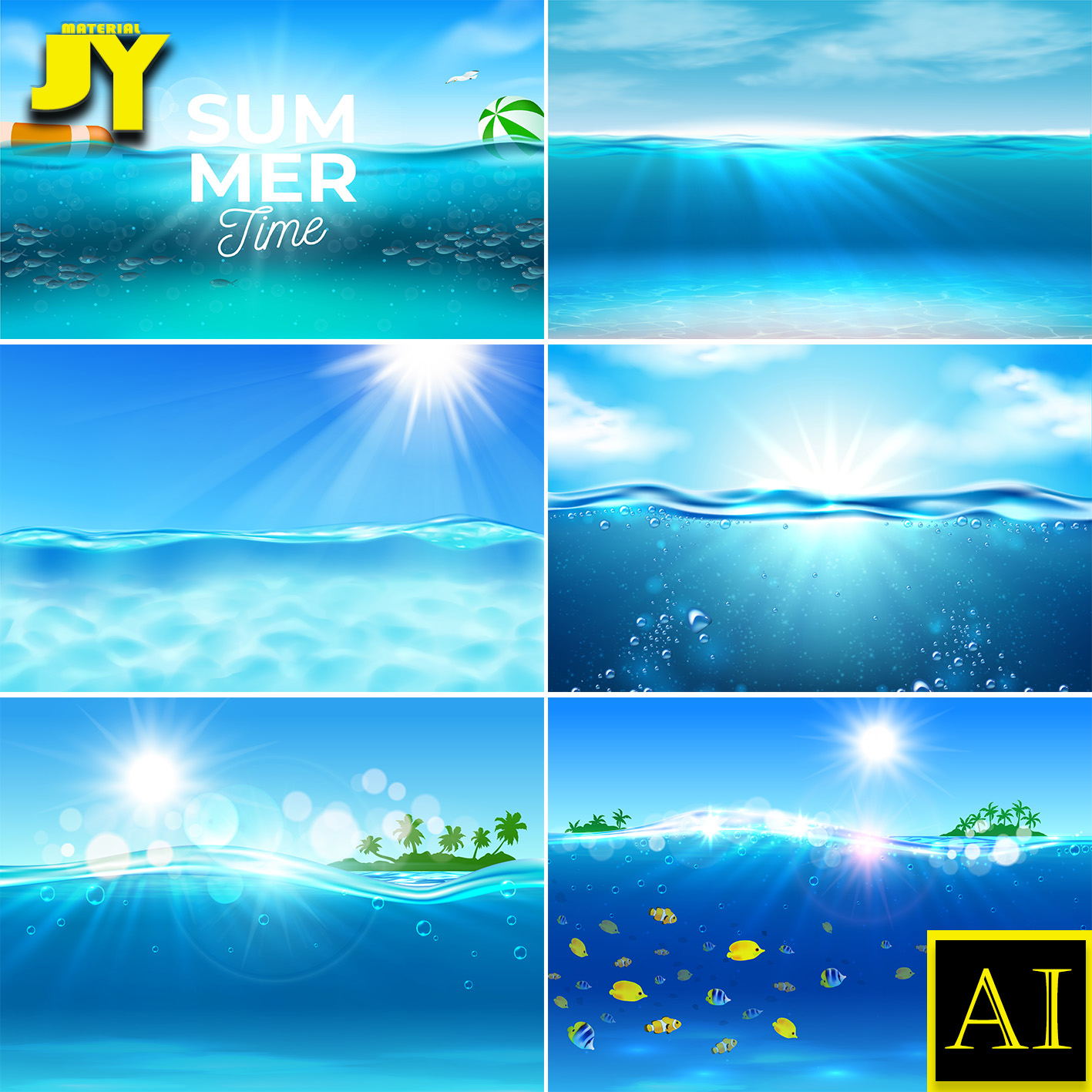 光晕透过阳光的水 水泡热带鱼群清澈水质图片背景海报插画AI素材
