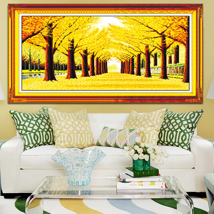欢乐99客厅大幅挂画清晰印花十字绣秋天风景系列黄金满地超新款图