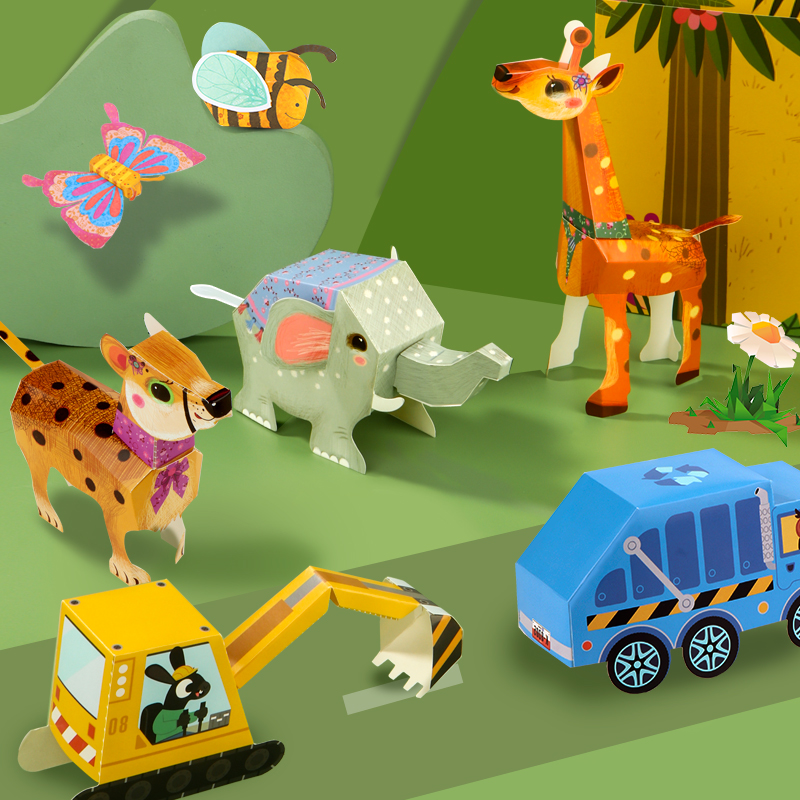 幼儿园立体折纸3d卡通动物机器人工程车模型儿童3-6岁宝宝手工diy制作材料益智玩具小学生趣味创意剪纸书
