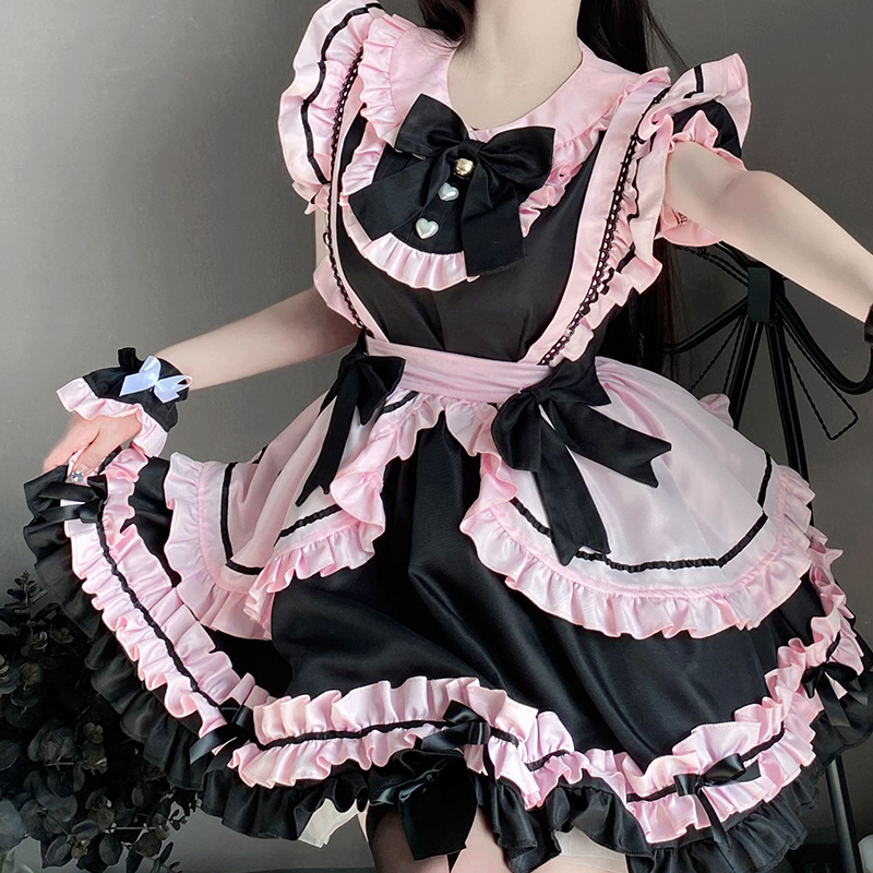 新款软妹日系Lolita黑粉色女仆装cos甜美少女可爱猫咪蝴蝶结 套装