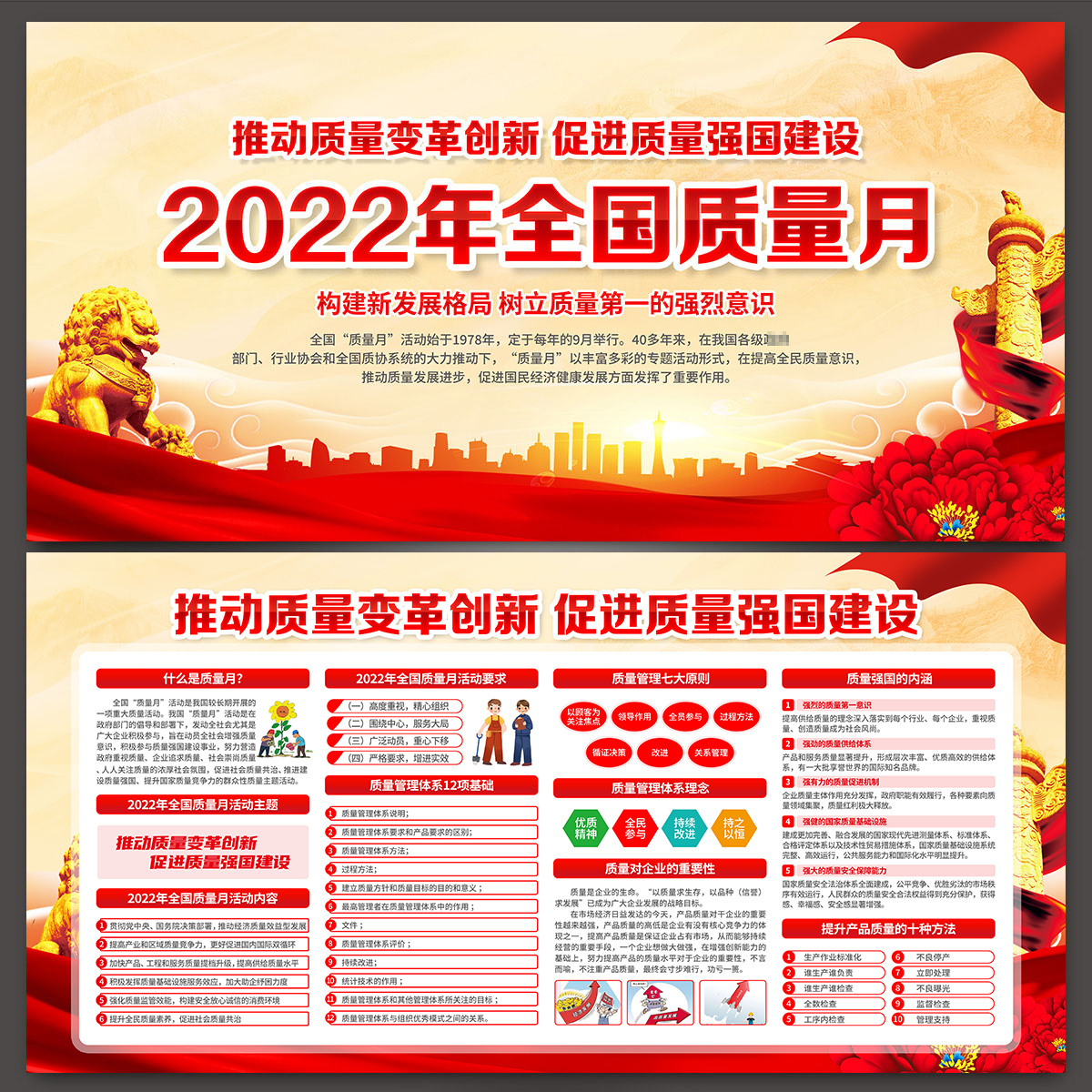 2022年全国质量月红色大气主题展板宣传海报图片PSD模版素材-T302