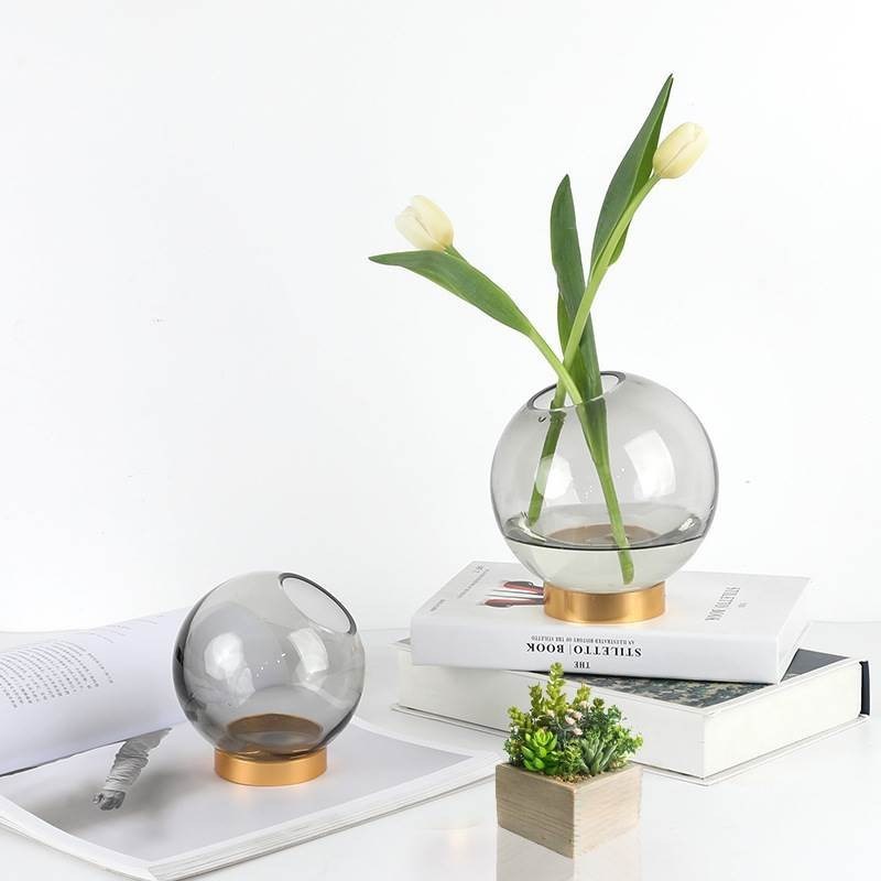 Golden metal side wind round spherical glass vase household