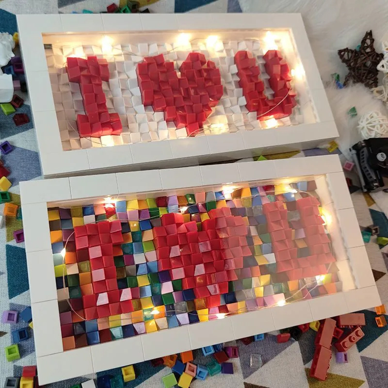 创意积木爱心520情人节生日情侣字母手工diy礼物心形立体拼图相框