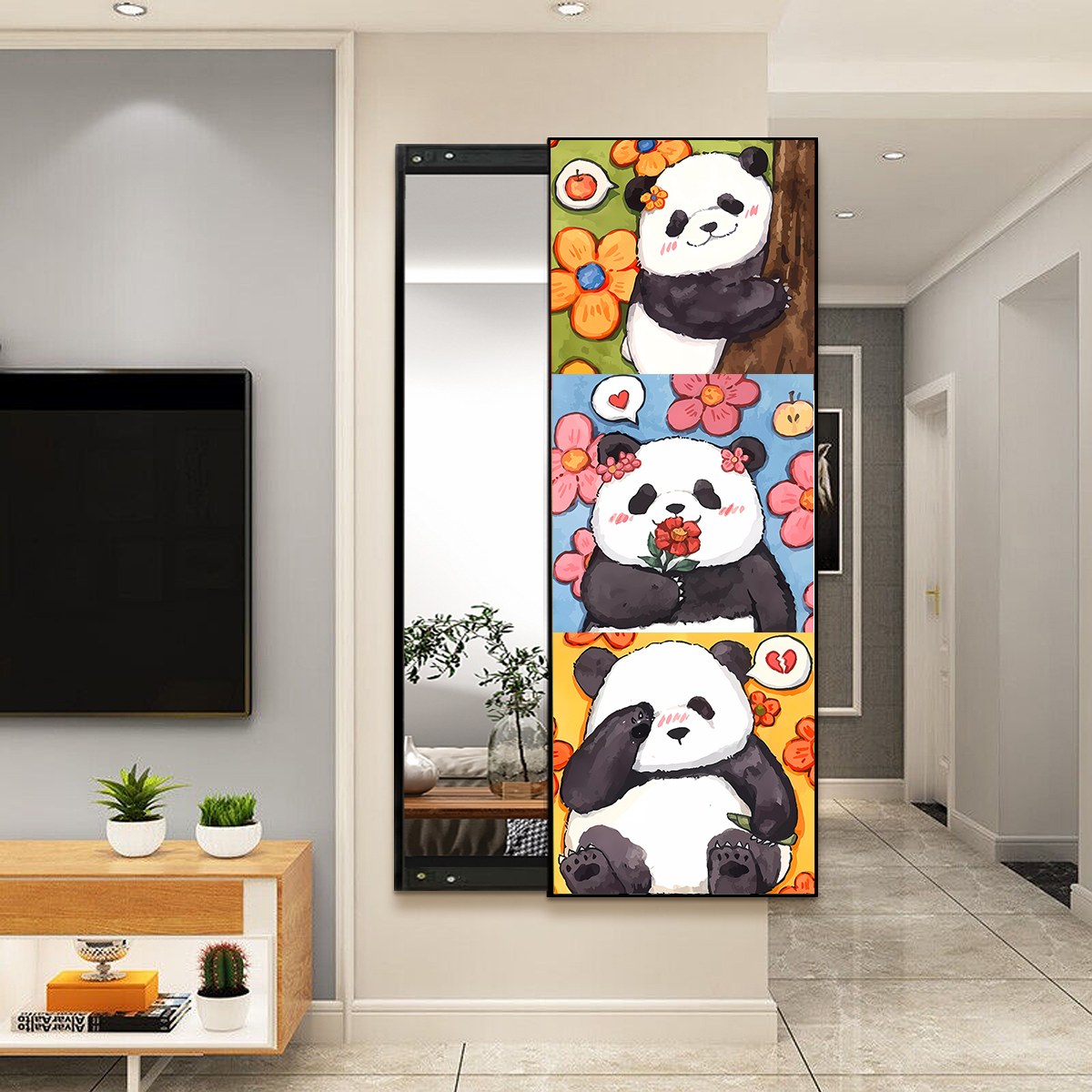 花花熊猫艺术隐形全身镜推拉隐藏式镜子创意试衣镜壁挂家用穿衣镜