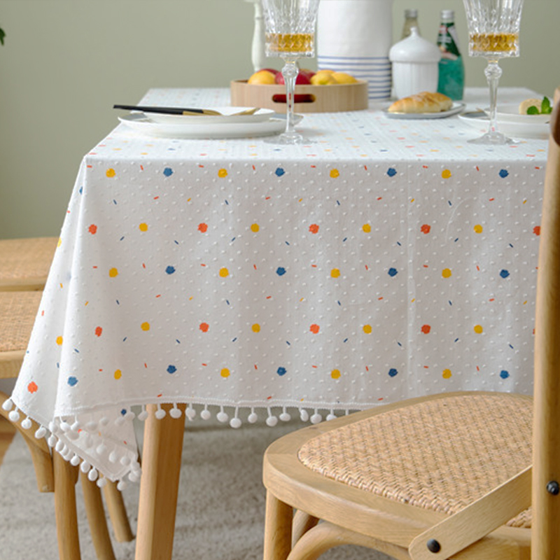 法式彩色涂鸦小圆点餐桌布白色甜点台桌布阳台圆桌茶几台布盖巾
