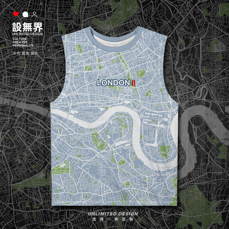 英国首都伦敦国外城市地图满印大码速干背心男装女装汗衫设 无界