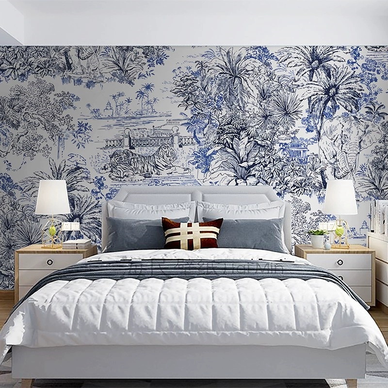 简约黑白b雨林法式印花壁纸装修沙发背景卧室客厅森林动物墙纸壁
