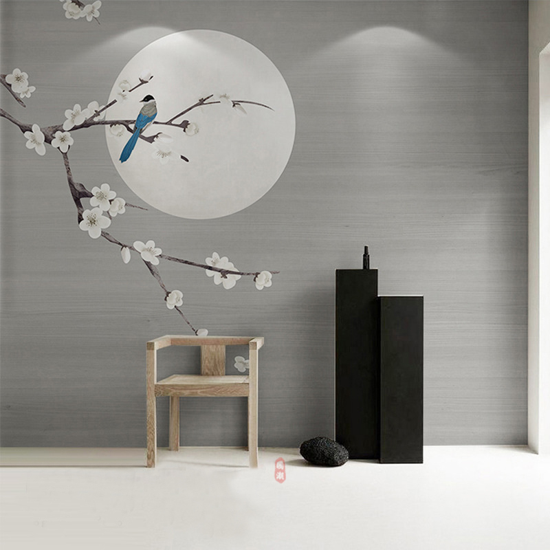 现代中式花鸟圆月轻奢雅致风格电视沙发背景墙布卧室茶室防潮壁纸