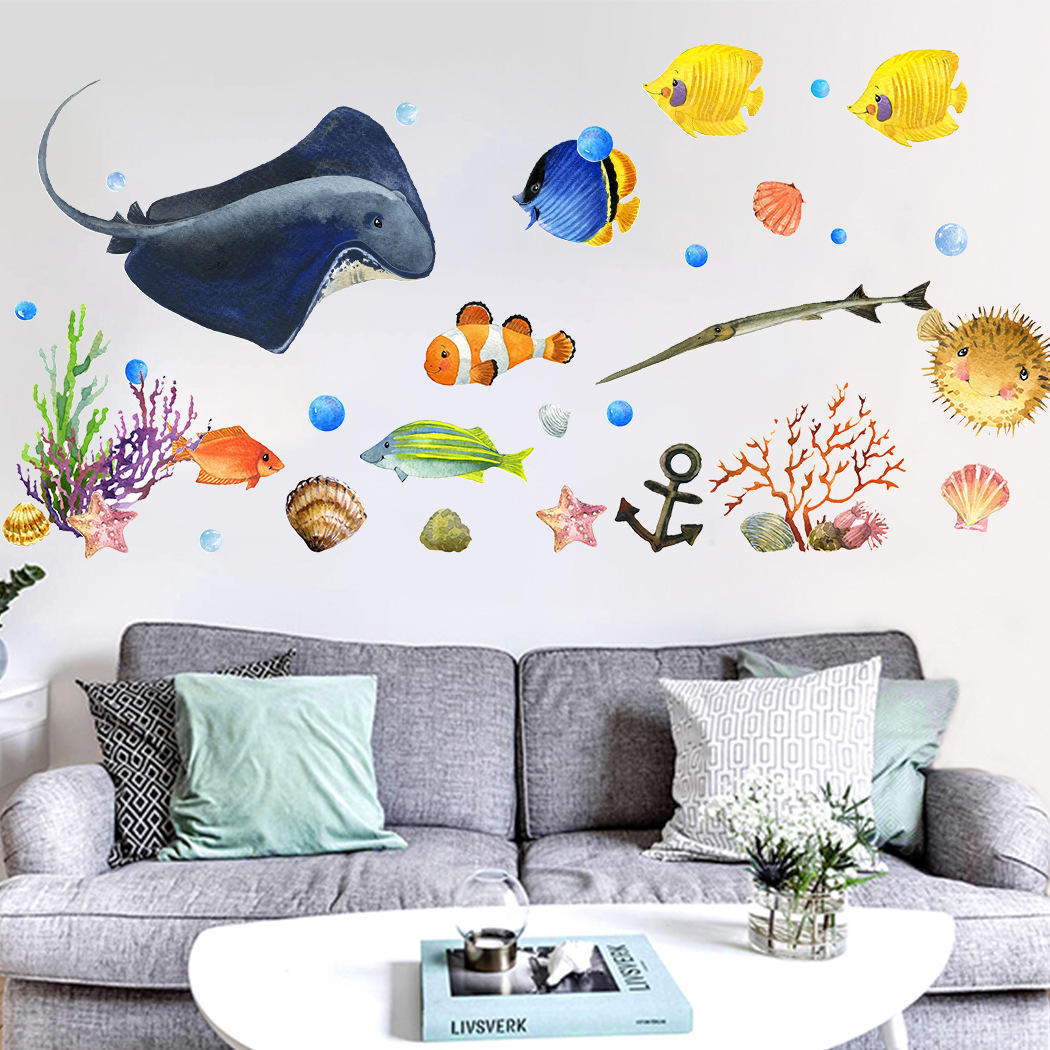 水彩海洋动物水下世界可移防水墙贴现代儿童房装饰组合贴纸QT007
