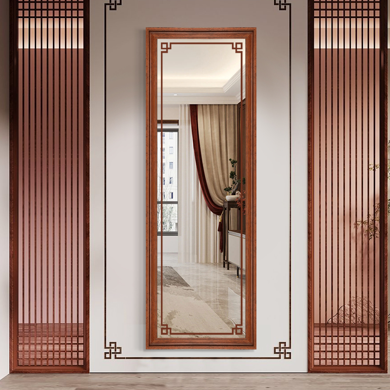新中式实木穿衣镜壁挂镜子贴墙红木色家用全身镜落地镜试衣镜