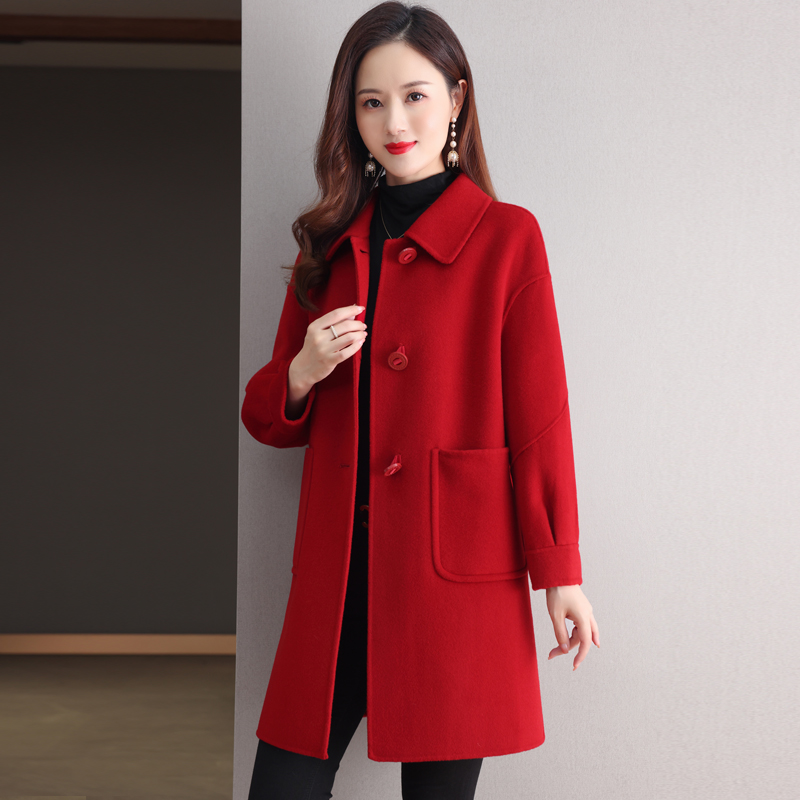 红色韩版高级感双面羊绒大衣女2023新款中长款高端秋冬羊毛呢外套