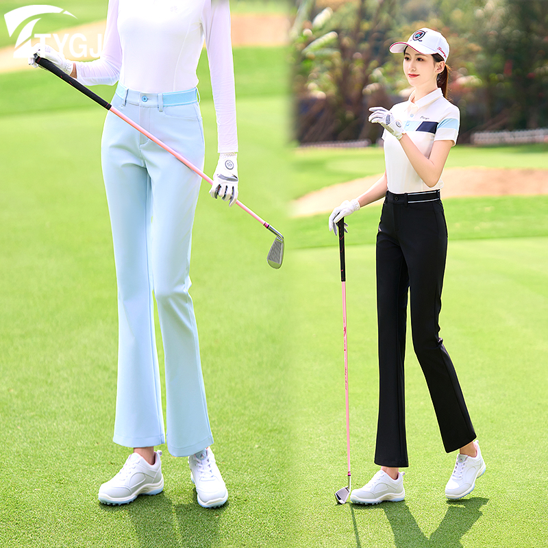 高尔夫球女士长裤修身显瘦松紧中腰白黑蓝色微喇叭运动裤子服装