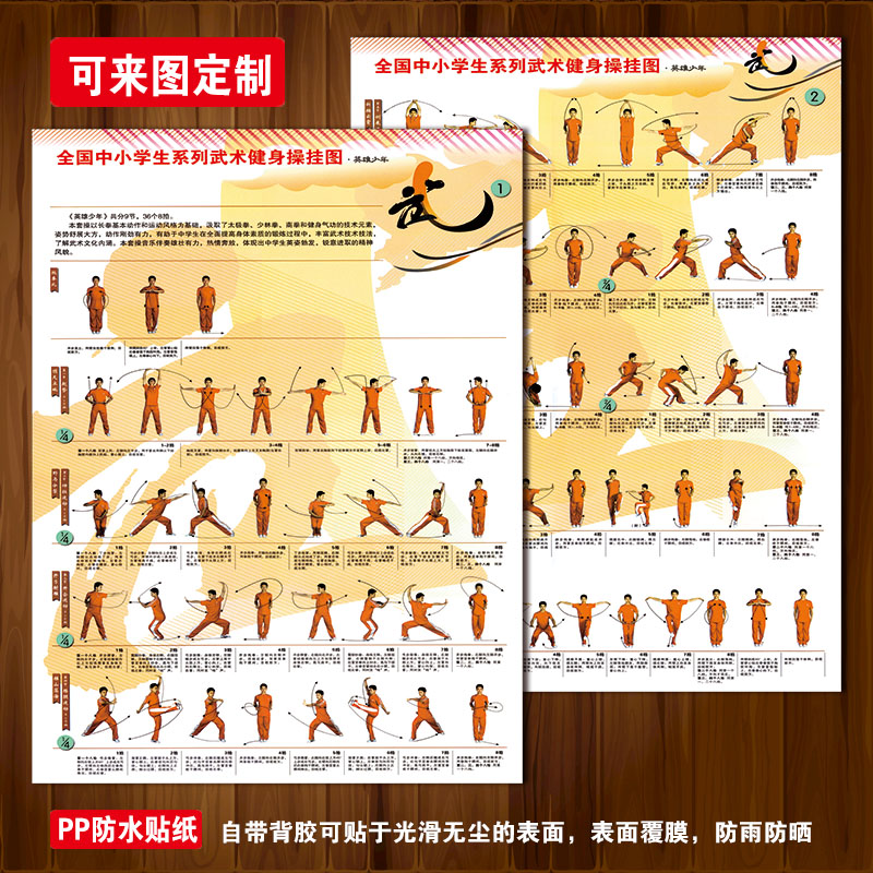 中小学生武术健身操挂图宣传画英雄少年广播体操墙贴纸套图SCY06