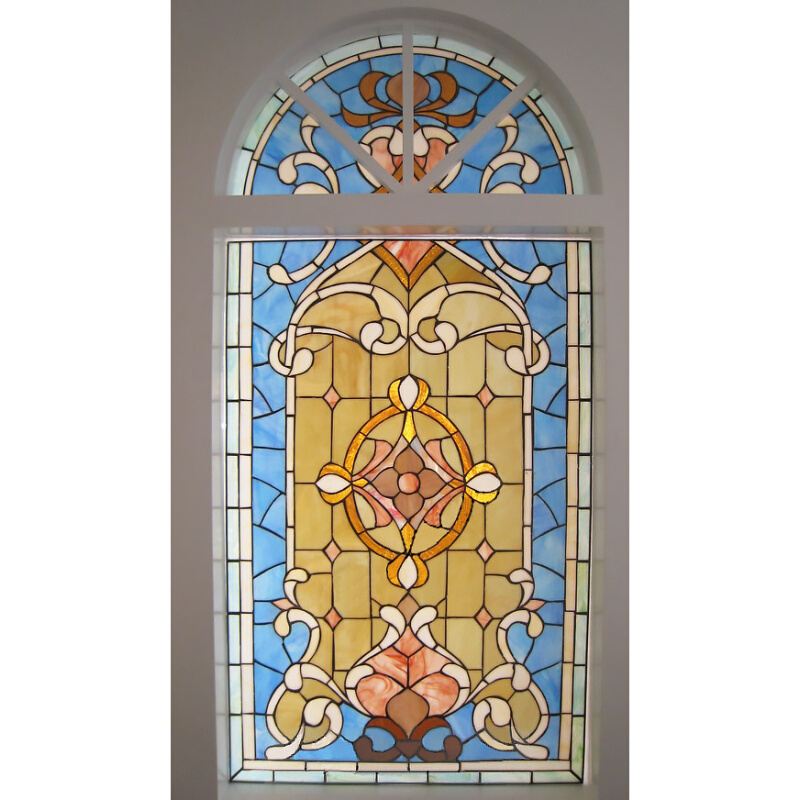 哥特Tiffany欧式教堂钢化艺术玻璃玄关隔断屏风窗吊顶门芯彩色 蓝