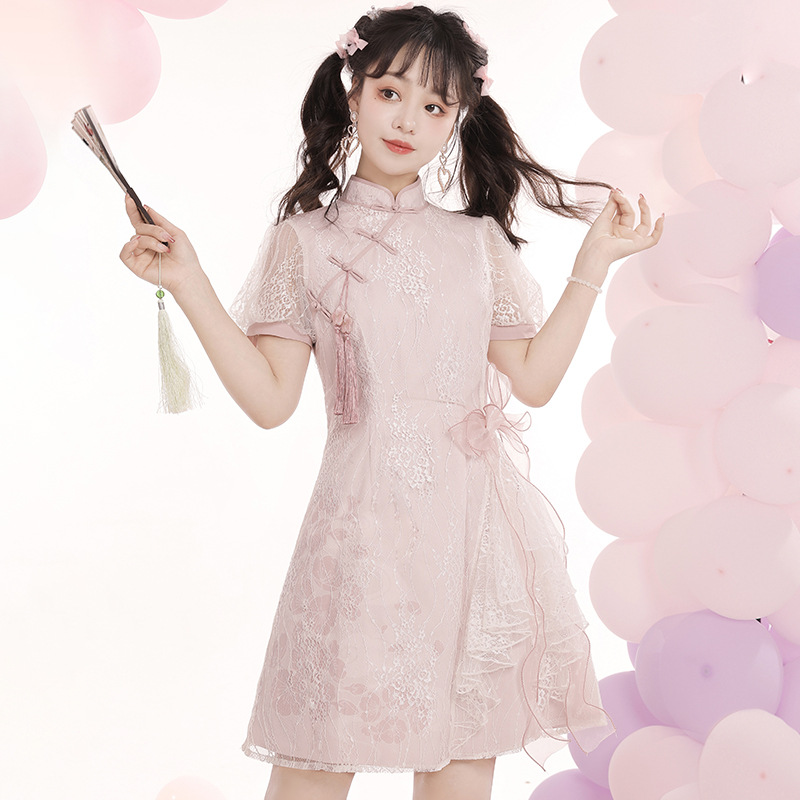 【妃姑娘】原创甜美优雅纯色粉色改良旗袍洛丽塔蕾丝连衣裙短袖op