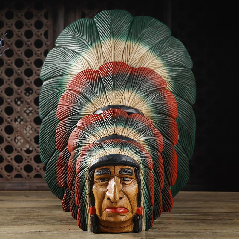 木雕印第安酋长摆件泰国手工艺品木雕人物摆件桌面装饰脸谱摆设