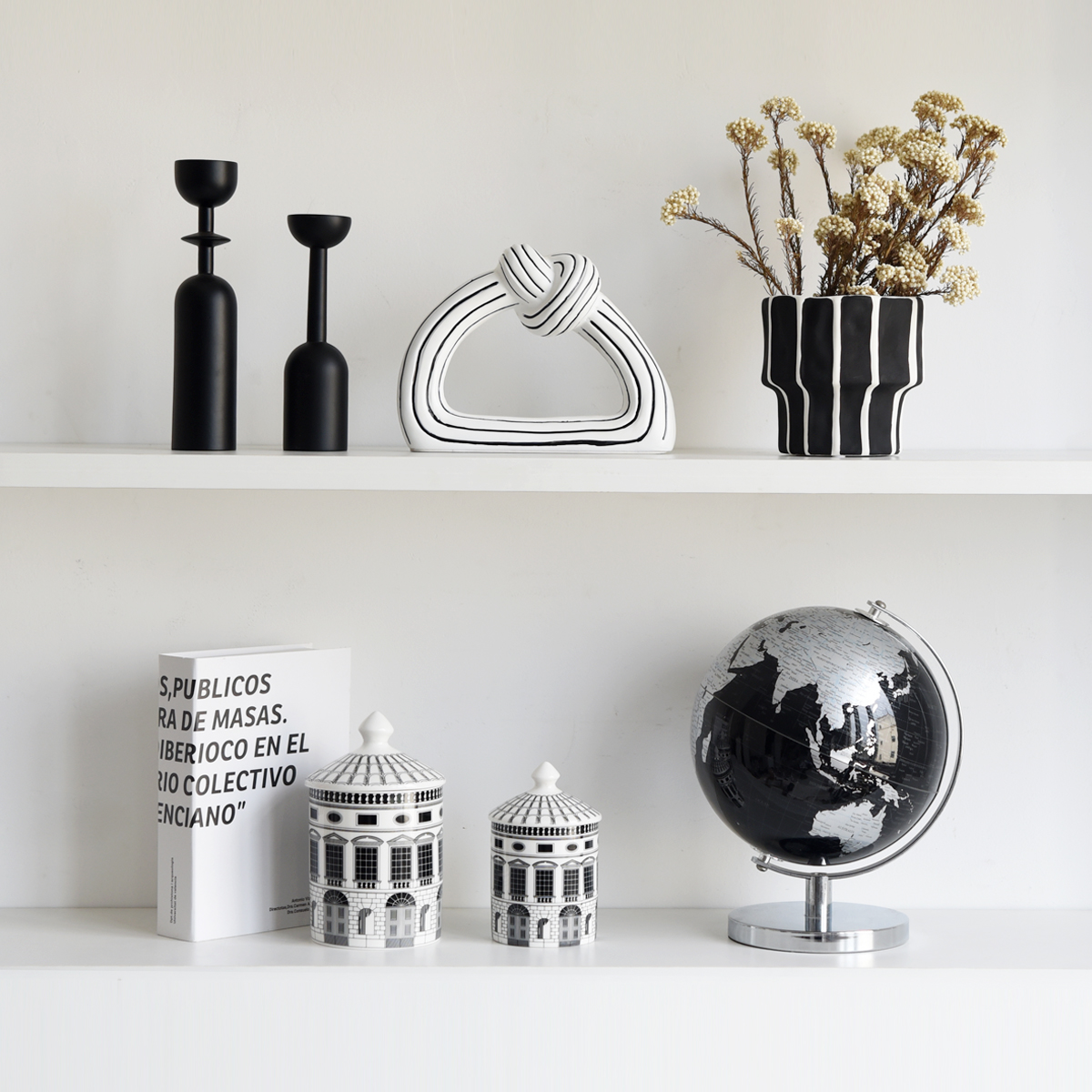 高级感现代风艺术样板房间书柜软装饰品摆件黑白建筑收纳罐摆设