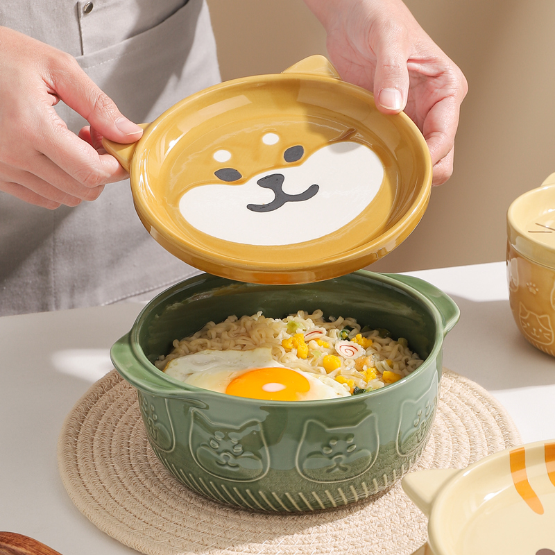 日式卡通双耳泡面碗带盖的陶瓷碗家用面碗高级感螺蛳粉碗专用可爱