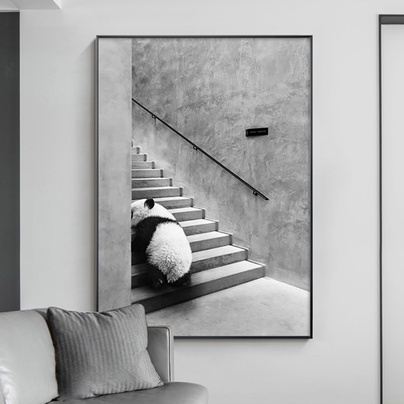 黑白灰空间感熊猫动物玄关过道装饰画现代简约工业风客厅墙面挂画