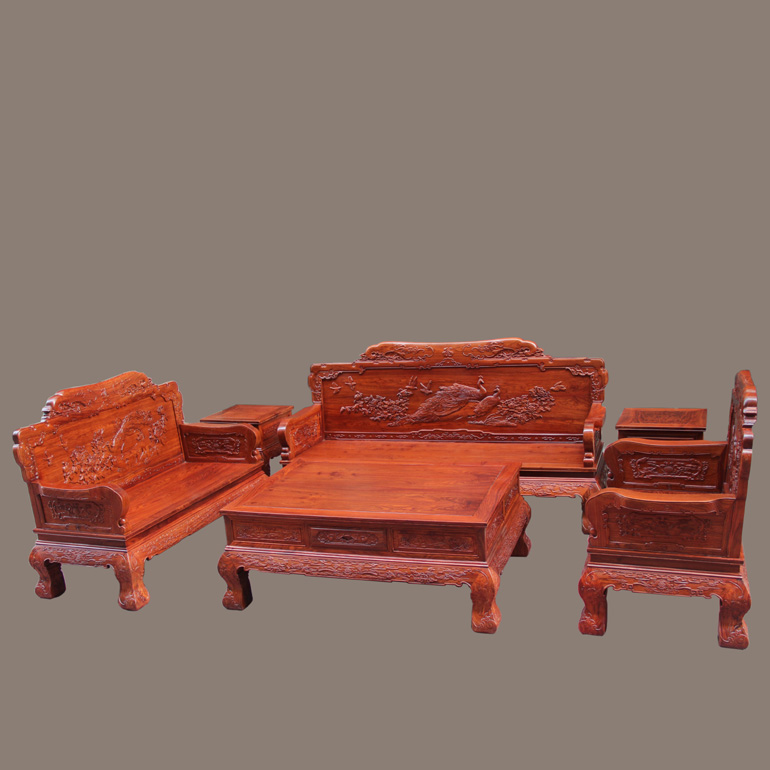 古典孔雀宝座沙发6件套 仿古刺猬紫檀凤凰红木花梨木中山允品家具