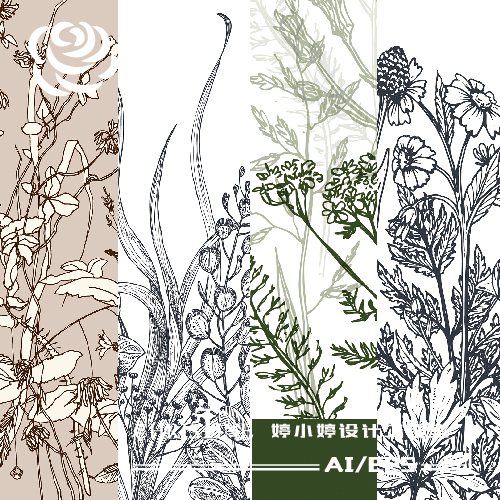复古花草植物叶子薰衣草黑白素描手绘装饰背景AI矢量平面设计素材