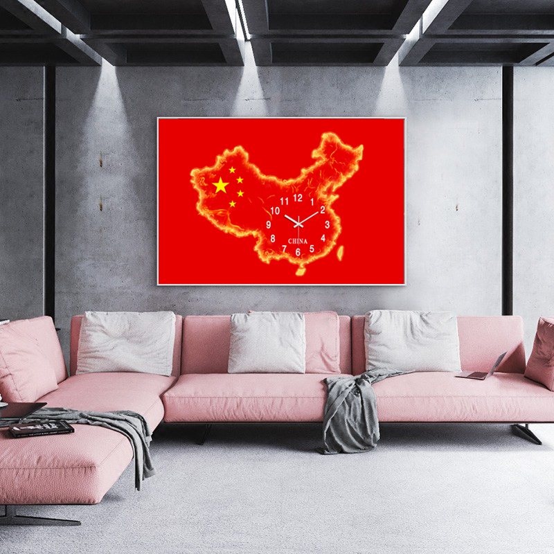 红色中国地图挂钟装饰画挂钟家用现代爱国情怀钟表挂图背景壁画