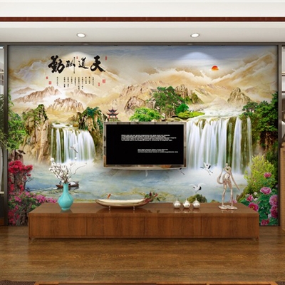 电视背景墙壁纸3D立体山水风景画5D壁画现代中式客厅卧室沙发墙纸