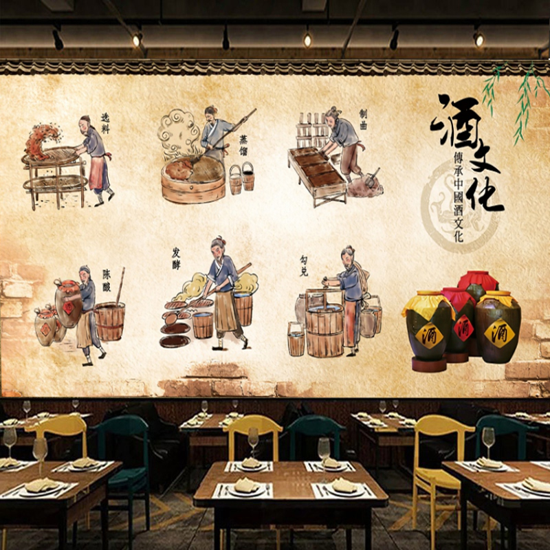 古法传统酿酒文化酒馆主题壁画中国墙贴拍照打卡工艺流程背景壁纸