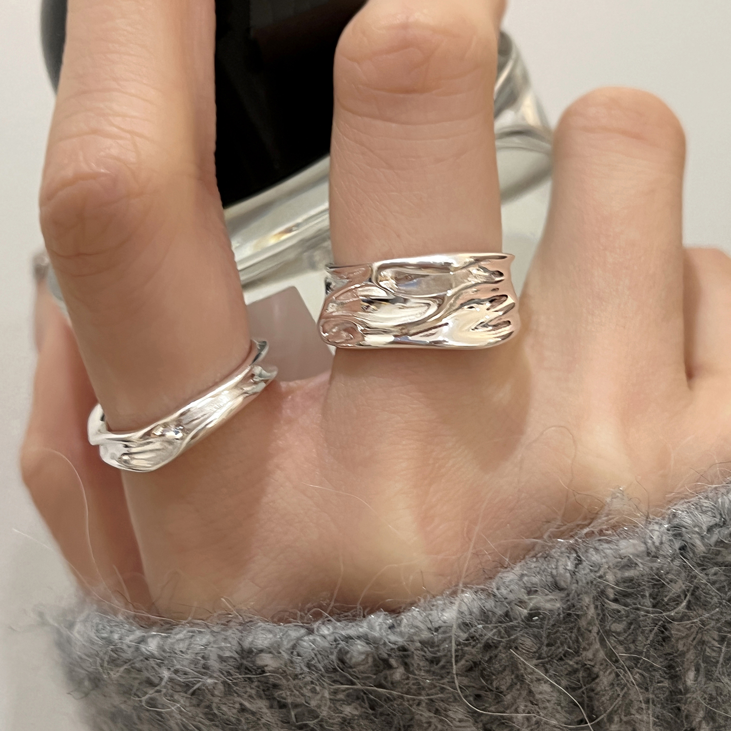 极简S925纯银戒指女款个性时尚不规则溪流艺术纹理质感食指指环潮