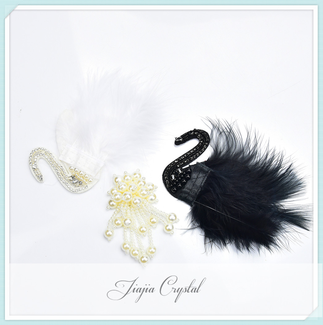 新款 黑白羽毛天鹅单个图案贴图 珍珠贴花 服装礼服包包鞋帽装饰