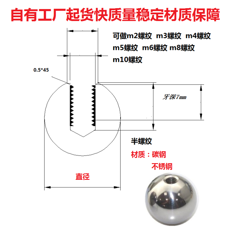 厂家10mm不锈钢碳钢打孔攻牙螺纹钢球通孔半孔带丝套丝钢珠圆球
