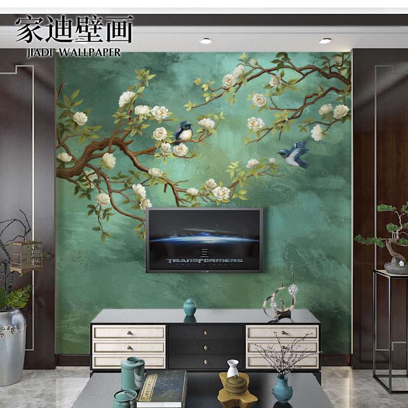 急速发货新中式花鸟电视背景墙壁纸客厅卧室美式怀旧复古祖母绿壁