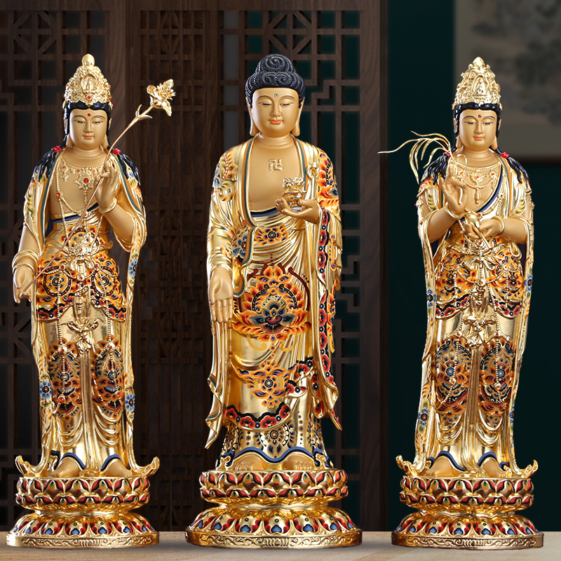 铜雕西方三圣佛像摆件黄金彩观音像家用供奉观音菩萨阿弥陀佛站像