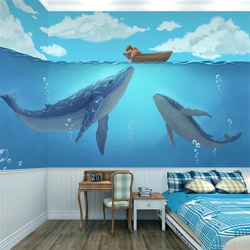 手绘鲸鱼壁纸儿童房卧室床头背景墙纸男女孩房间清新唯美餐厅墙布