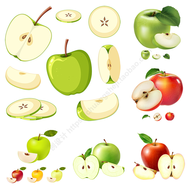 苹果插画 手绘卡通青苹果红苹果水果切面图标 AI格式矢量设计素材