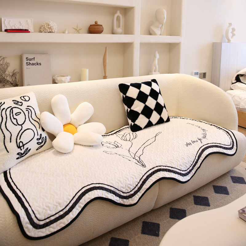 奶油风纯色异形沙发垫轻奢法式通用素描防滑坐垫简约布艺皮沙发巾