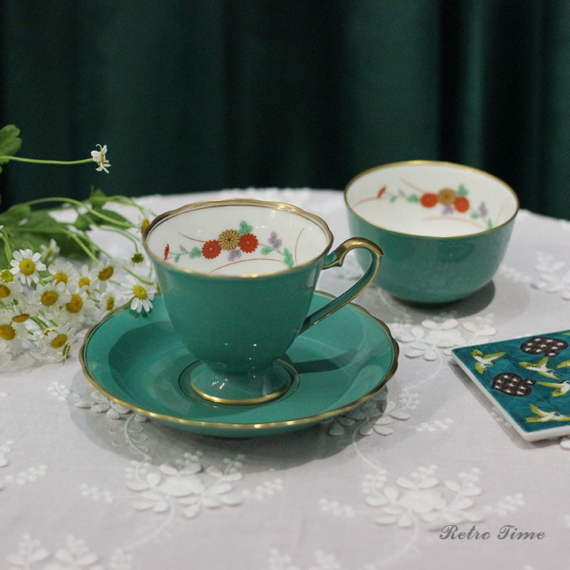 中古日本香兰社绿色繁花金边咖啡杯碟红茶杯茶杯皇家御用瓷器礼物