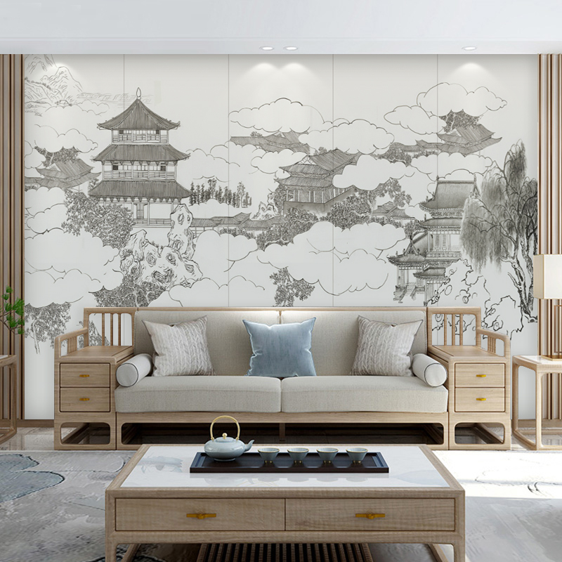 现代新中式山水墙纸楼阁雅致意境风壁画客厅沙发背景墙布茶室壁纸