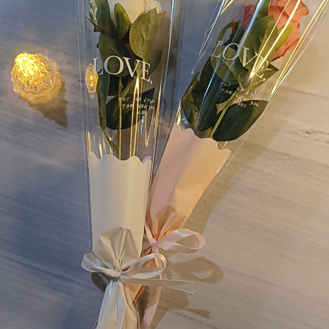 鲜花花束包装袋情人节摆摊单支多支玫瑰鲜花袋透明简约love包装纸