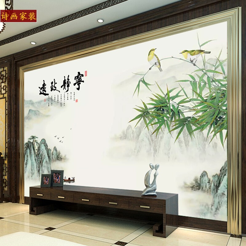 新中式花鸟影视墙布5d客厅电视背景墙壁纸8d水墨山水风景壁画壁布