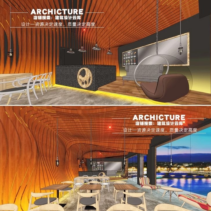 现代工业风创意异形曲线流线型餐饮空间主题餐厅小酒吧室内su模型